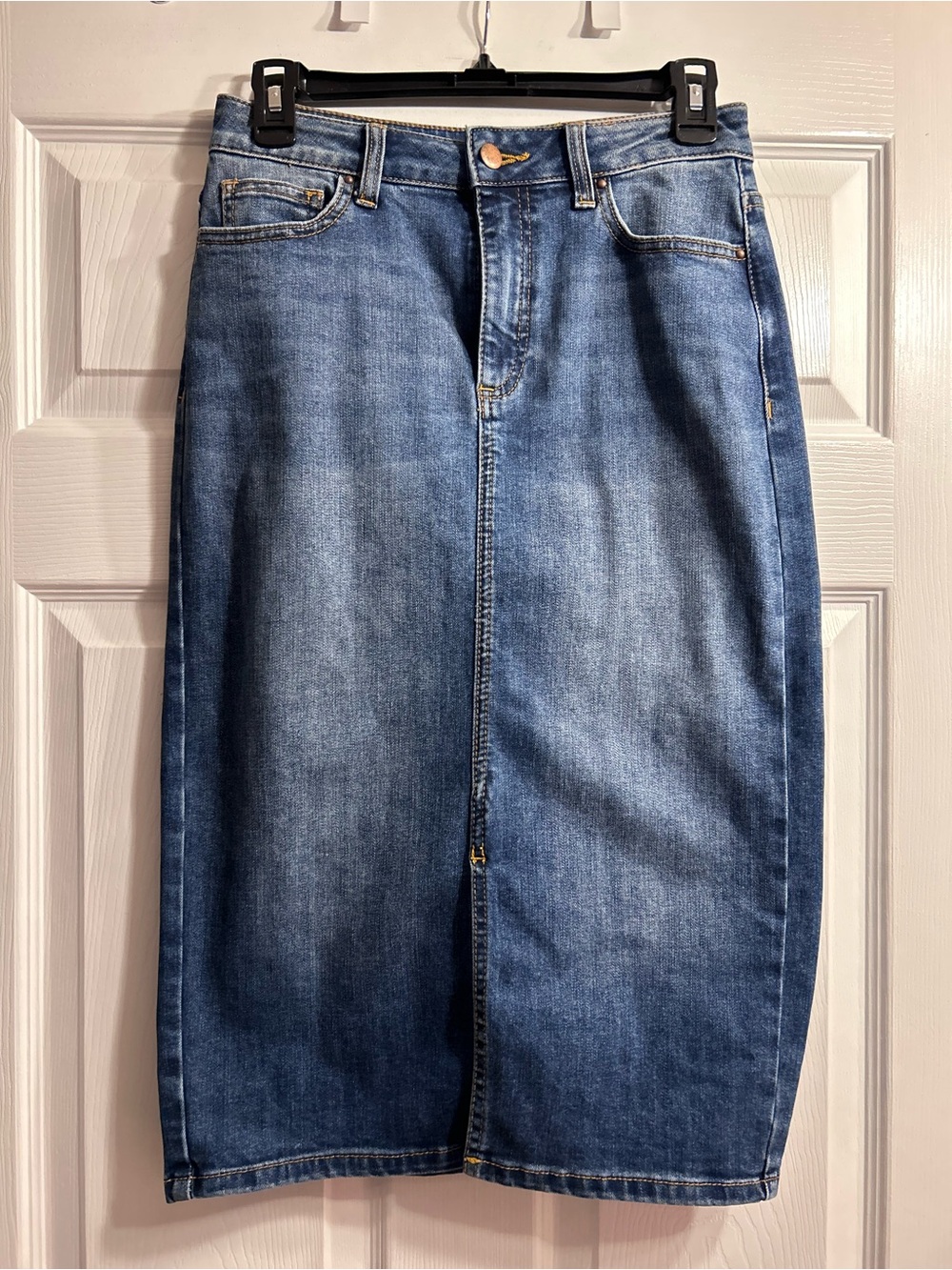 eva mendes for New York & Company Blue Straight-Leg Denim Pencil Skirt